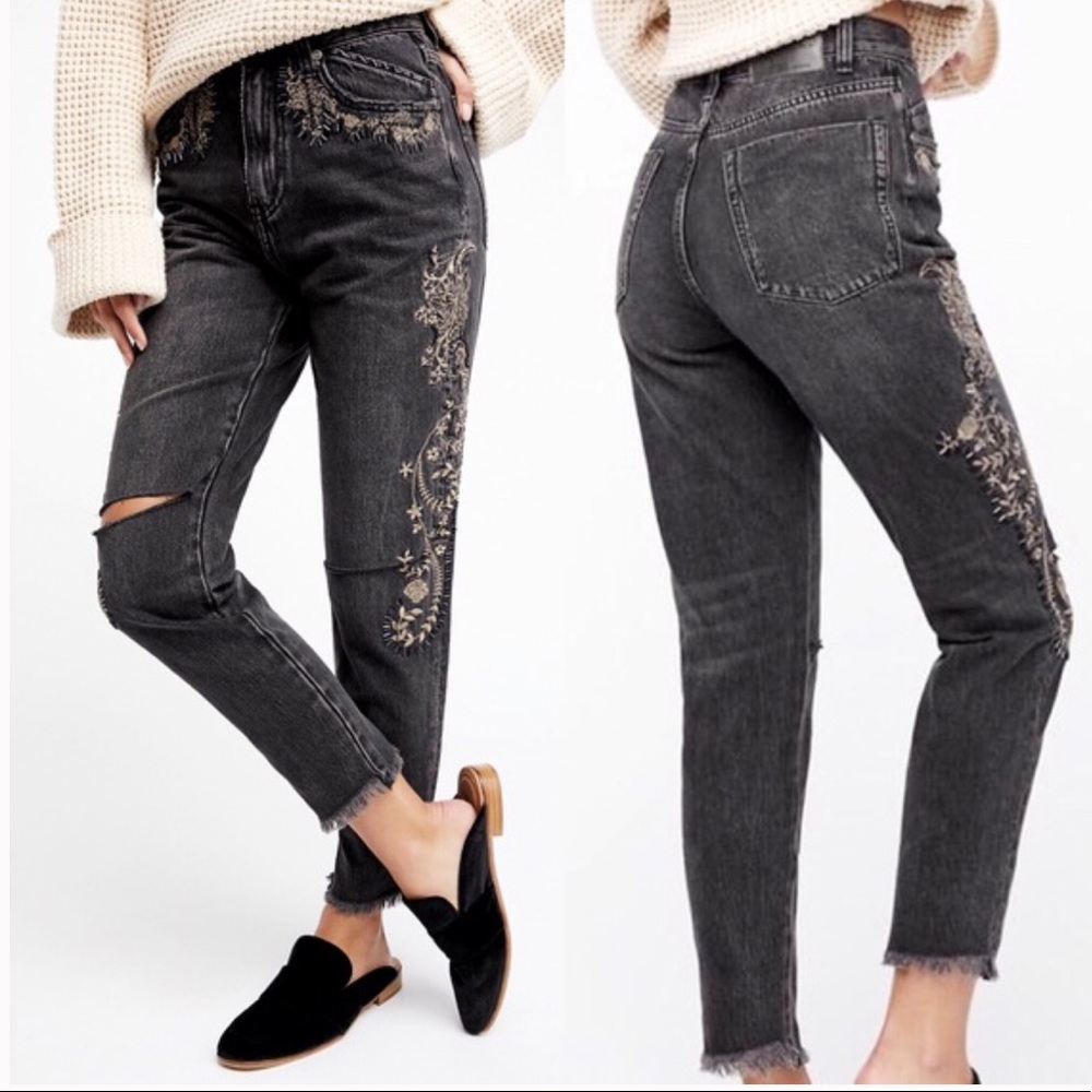 One Teaspoon Free People Black Embroidered Jeans